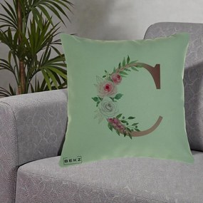 Cadou Personalizat - Perna Personalizata Monograma Rose Gold Litera C, 40x40 cm, Verde, Husa Detasabila, Perna Inclusa, BEKZ®