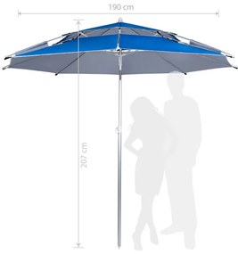 Umbrela de plaja Muhler 22511008629, Ø190 cm, Inaltime 203 cm, 8 spite din fibră de sticla, Inclinare reglabilă, protecție UV UPF 50+, Albastru