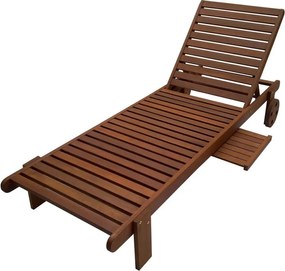 Sezlong din lemn de Shorea Muhler Meranti, 194 x 71 x 80 cm, Pana la 100 kg, Masuta laterala, Roti, Maro