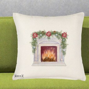 Perna Decorativa Semineu de Craciun Watercolor, 40x40 cm, Crem Reliefat, Husa Detasabila, Perna Inclusa, BEKZ®