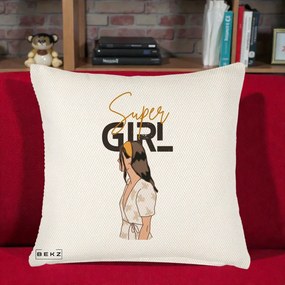 Perna Decorativa Super Girl Aesthetic, 40x40 cm, Crem Reliefat, Husa Detasabila, Perna Inclusa, BEKZ®
