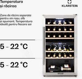 Klarstein Vinamour 29D, răcitor de vinuri, 2 zone, 80 l, 29 sticle, 5 - 22 °C, control tactil
