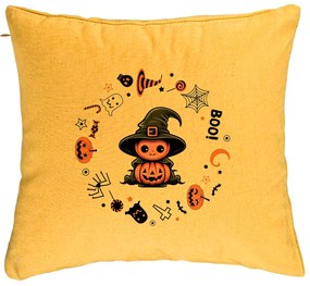 Perna Decorativa cu motiv de Halloween 7, 40x40 cm, Galben, Husa Detasabila, Burduf