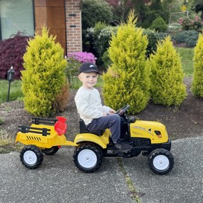HOMCOM Tractor de Pedalat pentru Copii de 3+ Ani cu Remorcă, Greblă, Lopată și Claxon, 133x42x51 cm, Galben | Aosom Romania