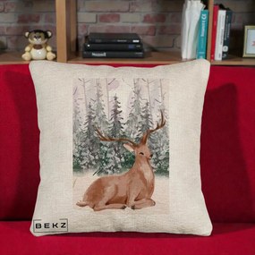 Perna Decorativa Ren in Padure Roz Moale, 40x40 cm, Bej Canapea, Husa Detasabila, Perna Inclusa, BEKZ®