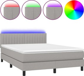 vidaXL Pat cu arcuri, saltea și LED, gri deschis, 140x190 cm, textil