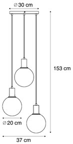 Lampă suspendată de design neagră cu sticlă transparentă rotundă cu 3 lumini - Mallon