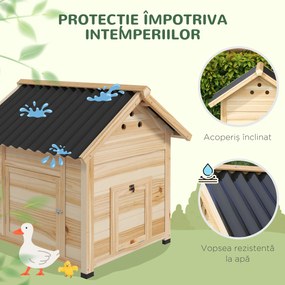 PawHut Căsuță pentru Rațe de Exterior, Adăpost pentru Rațe cu Rampă, Podea Detașabilă, Acoperiș Înclinat și Orificii de Ventilație, 78x90x92 cm, Lemn | Aosom Romania