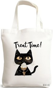 Sacosa de Panza pentru Cumparaturi, Geanta Tote, model Treat time 38 x 34.5 cm, Alba, BEKZ®