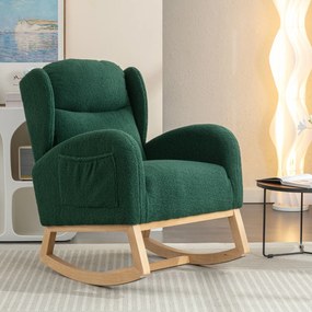 Scaun balansoar modern cu husă din material Teddy, fotoliu cu design ergonomic cu spătar înalt, pentru living și dormitor, 71x96,5x101 cm, Verde