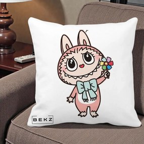 Perna Personalizata Labubu Roz cu Morisca, 40x40 cm, Alba Mata, Husa Detasabila, Perna Inclusa, BEKZ®
