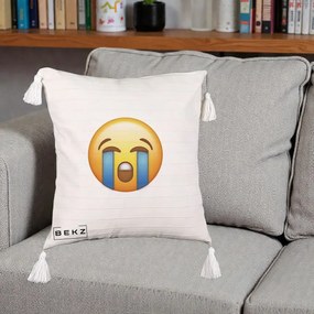 Perna Decorativa Emoji Plange, 40x40 cm, Bej cu Franjuri, Husa Detasabila, Perna Inclusa, BEKZ®