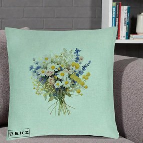 Perna Decorativa Buchet Camp Acuarela Margarete-Lavanda, 40x40 cm, Verde Menta, Husa Detasabila, Perna Inclusa, BEKZ®