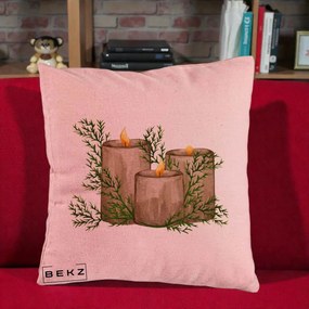 Perna Decorativa Lumanari Rustice cu Crengute Brad, 40x40 cm, Roz, Husa Detasabila, Perna Inclusa, BEKZ®