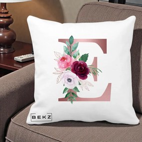 Cadou Personalizat - Perna Personalizata Monograma Rose Gold Litera E, 40x40 cm, Alba Mata, Husa Detasabila, Perna Inclusa, BEKZ®
