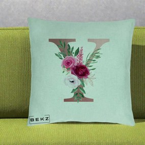 Cadou Personalizat - Perna Personalizata Monograma Rose Gold Litera Y, 40x40 cm, Verde Menta, Husa Detasabila, Perna Inclusa, BEKZ®