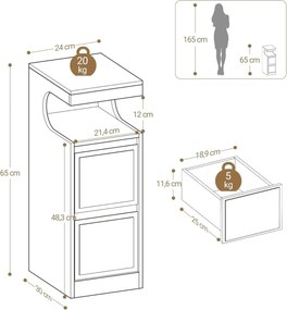 NOA79 - Set 2 Noptiere, 24 cm, foarte inguste, cu LED, 2 Sertare si Raft - Alb