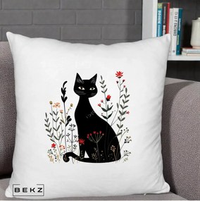 Perna Decorativa Pisica Neagra Botanica Rosu-Gri, 40x40 cm, Alb Pufos, Husa Detasabila, Perna Inclusa, BEKZ®