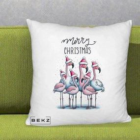 Perna Decorativa Flamingo Merry Christmas, 40x40 cm, Alb Pufos, Husa Detasabila, Perna Inclusa, BEKZ®