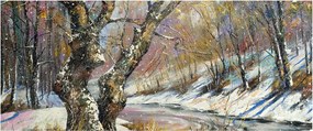 Tablou cu peisaj de iarnă pictat (120x50 cm)