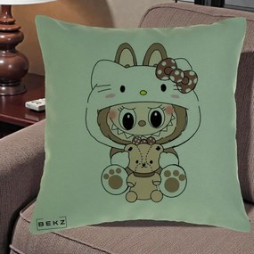 Perna Personalizata Labubu x Hello Kitty Maro-Vintage, 40x40 cm, Verde, Husa Detasabila, Perna Inclusa, BEKZ®