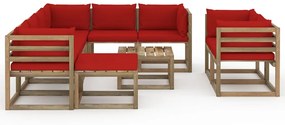 Set mobilier de gradina, 10 piese, cu perne, rosu Rosu, 5x colt + 3x mijloc + suport pentru picioare + masa, 1