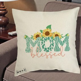 Cadou pentru Mama - Perna Personalizata Mom Blessed cu Floarea Soarelui Animal Print Teal, 40x40 cm, Ecru, Husa Detasabila, Perna Inclusa, BEKZ®