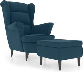 vidaXL Fotoliu cu spătar cu aripi, cu taburet, albastru, catifea