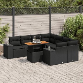 3327352 vidaXL Set mobilier de grădină cu perne, 9 piese, negru, poliratan