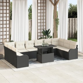 Set de 11 piese canapea gradină cu perne Negru Ratan Polietilenic