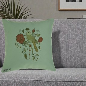 Perna Decorativa Pasare pe Ramura cu Maci, 40x40 cm, Verde, Husa Detasabila, Perna Inclusa, BEKZ®