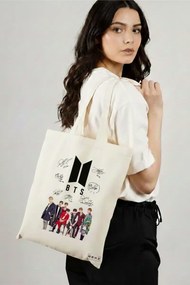 Sacosa de Panza pentru Cumparaturi, Geanta Tote, model BTS Army 1, 38x34.5 cm, Alba, BEKZ®
