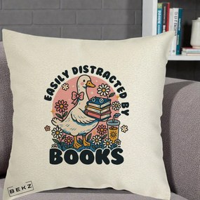 Perna Personalizata Easily Distracted by Books, 40x40 cm, Ecru, Husa Detasabila, Perna Inclusa, BEKZ®