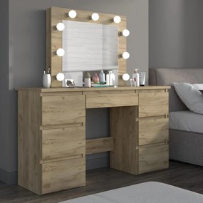 SEM534 - Set Masa toaleta, 120 cm, moderna cosmetica machiaj oglinda, masuta vanity, oglinda cu 9 LED, cu sau fara scaun - culoarea Stejar