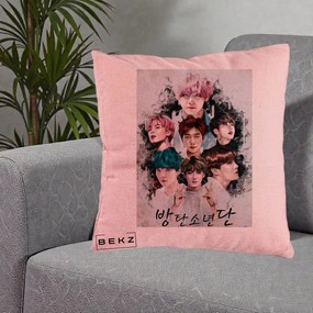 Perna Personalizata K-pop BTS Bangtan Boys Poster Artistic Negru Alb, 40x40 cm, Roz, Husa Detasabila, Perna Inclusa, BEKZ®