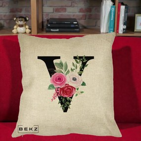 Cadou Personalizat - Perna Personalizata Monograma Florala Litera V cu Buchet, 40x40 cm, Crem, Husa Detasabila, Perna Inclusa, BEKZ®