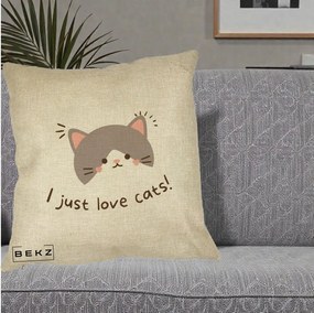 Perna Personalizata I Just Love Cats Pisica Kawaii, 40x40 cm, Crem, Husa Detasabila, Perna Inclusa, BEKZ®