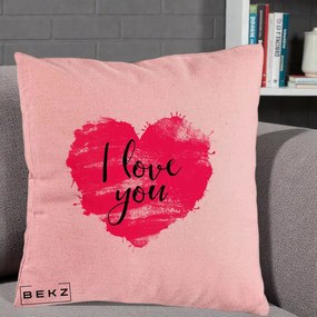 Cadou Romantic - Perna Personalizata I Love You Inima Roz, 40x40 cm, Roz, Husa Detasabila, Perna Inclusa, BEKZ®