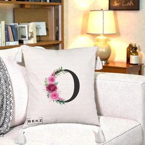 Cadou Personalizat - Perna Personalizata Monograma Florala Litera O, 40x40 cm, Bej cu Franjuri, Husa Detasabila, Perna Inclusa, BEKZ®
