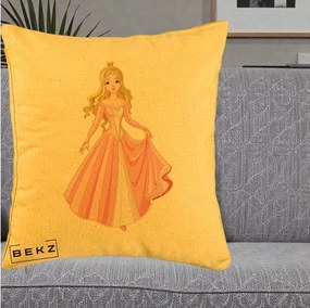 Perna Decorativa Printesa Aurora Rochie Roz, 40x40 cm, Galben, Husa Detasabila, Perna Inclusa, BEKZ®