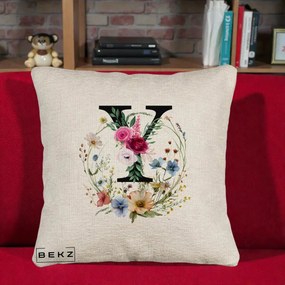 Cadou Personalizat - Perna Personalizata Monograma Florala Litera Y cu Coroana, 40x40 cm, Bej Canapea, Husa Detasabila, Perna Inclusa, BEKZ®