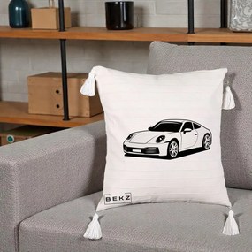 Perna Personalizata Porsche 911 Silueta, 40x40 cm, Bej cu Franjuri, Husa Detasabila, Perna Inclusa, BEKZ®