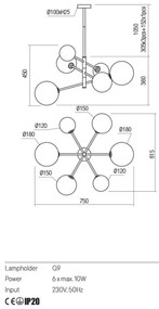 Lustră pe cablu Redo 01-2780 ROY 6xG9/10W/230V