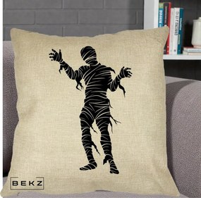 Perna Decorativa Mormii Infricosat Silueta Neagra Halloween, 40x40 cm, Crem, Husa Detasabila, Perna Inclusa, BEKZ®