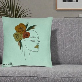 Perna Decorativa Portret Feminin Trandafiri Ruginii, 40x40 cm, Verde Menta, Husa Detasabila, Perna Inclusa, BEKZ®