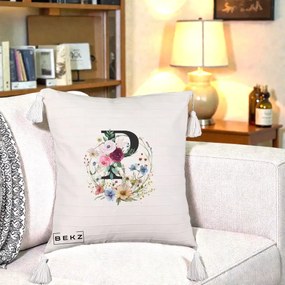 Cadou Personalizat - Perna Personalizata Monogram Litera P cu Flori Acuarela, 40x40 cm, Bej cu Franjuri, Husa Detasabila, Perna Inclusa, BEKZ®