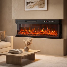HOMCOM Șemineu electric de podea/încastrabil, 3 laturi, cu telecomandă, 750/1500W, efect flacără 3D, 12 culori, 5 niveluri de luminozitate | Aosom Romania