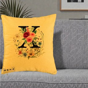 Cadou Personalizat - Perna Personalizata Monograma Florala Litera X cu Coroana, 40x40 cm, Galben, Husa Detasabila, Perna Inclusa, BEKZ®