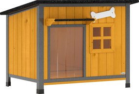 PawHut Cușcă pentru câini de exterior din lemn și oțel rezistent la mușcături, cu acoperiș rabatabil și perdea pentru ușă, galben | Aosom Romania