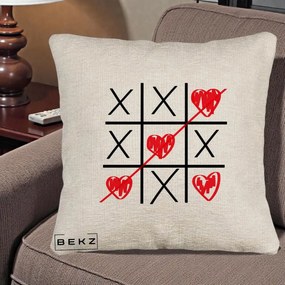 Cadou Romantic - Perna Personalizata Love Joc X si Inima cu Castigator Iubire, 40x40 cm, Bej Canapea, Husa Detasabila, Perna Inclusa, BEKZ®